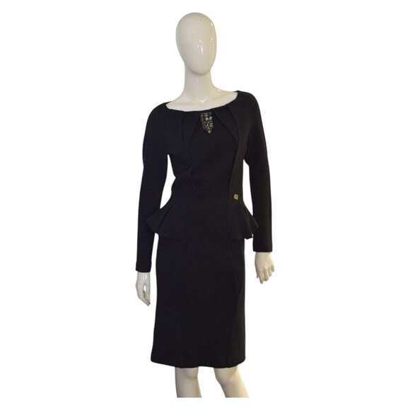 Class Roberto Cavalli Anthracite Gray Wool Long Sleeve Knee Origami Dress sz 44